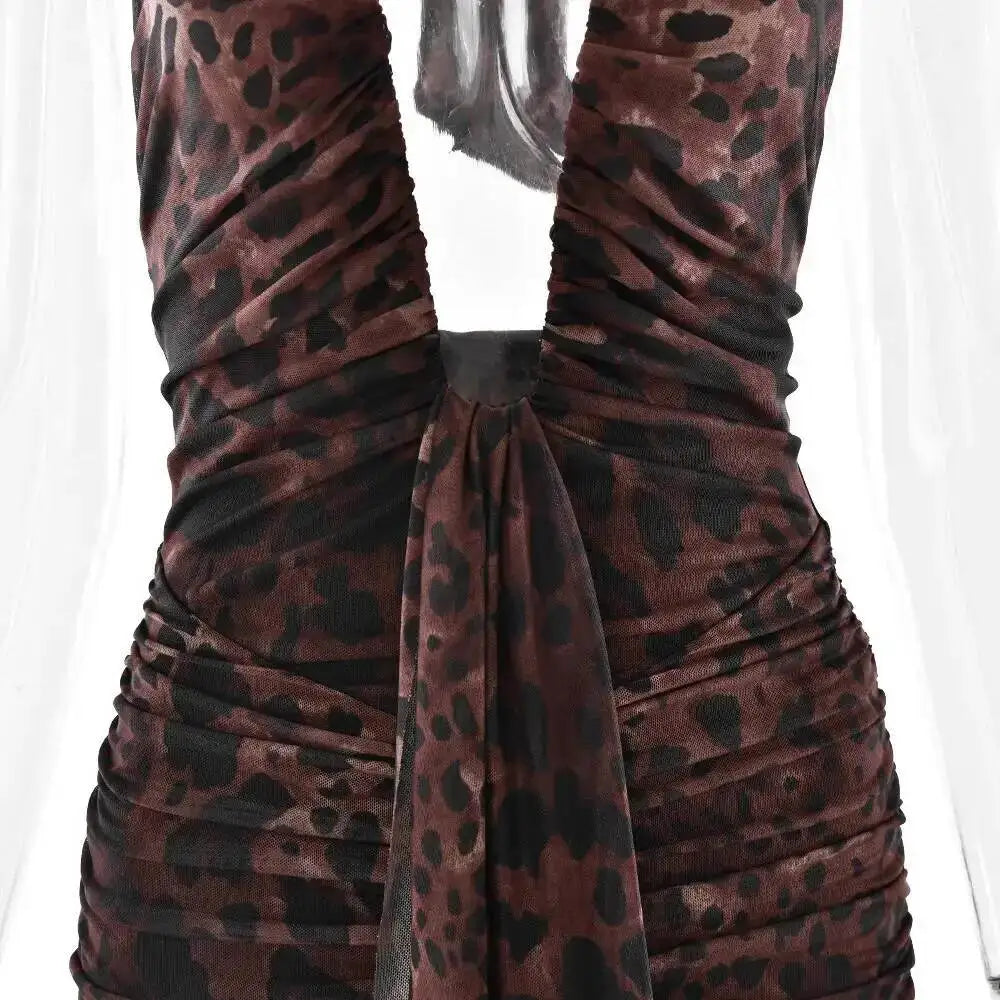 Avrilyaan Leopard Print Halter Pleated Ribbon Dress Women Mini 2025 Summer Dress Deep V Backless Sexy Party Dresses Vestidos