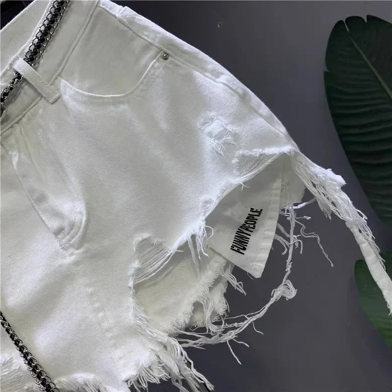 New Korean White Raw Irregular Denim Skirt Women's Anti-Walk Naked Hole Pocket Exposed Short Skirt