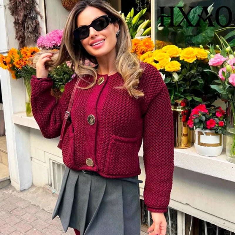 HXAO Knitted Sweater Cardigan For Women Autumn Long Sleeve Cropped Cardigans Ladies Outerwears Winter Button Knit Sweater