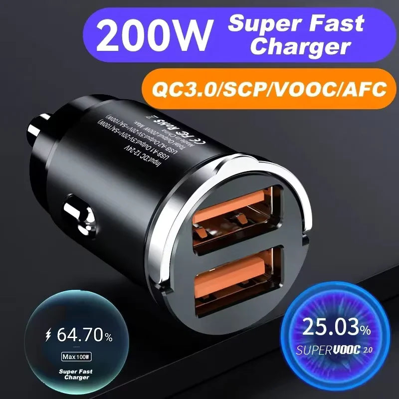 2026Car 200W Dual Port Mini USB Charger Ultra Fast Charging Cigarette Lighter Socket 12-24V Aluminum Cell Phone Charging Adapter