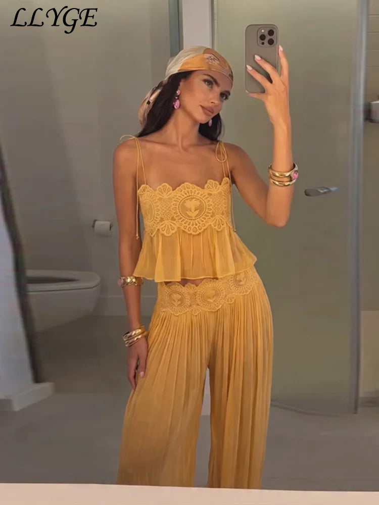 Beach Floral Lace Hollow Out Women's Pants Sets Ruffles Spaghetti Strap Crop Tops Loose Pleated Lantern Pant 2026 Summer Suits
