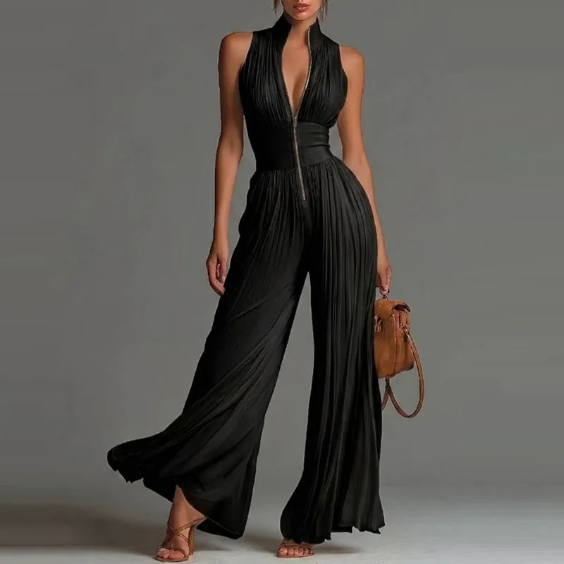 Spring Stand Collar Zipper Pleated Jumpsuit Women Elegant High Waist Wide Leg Long Pants Romper Summer Sleeveless Loose Overalls