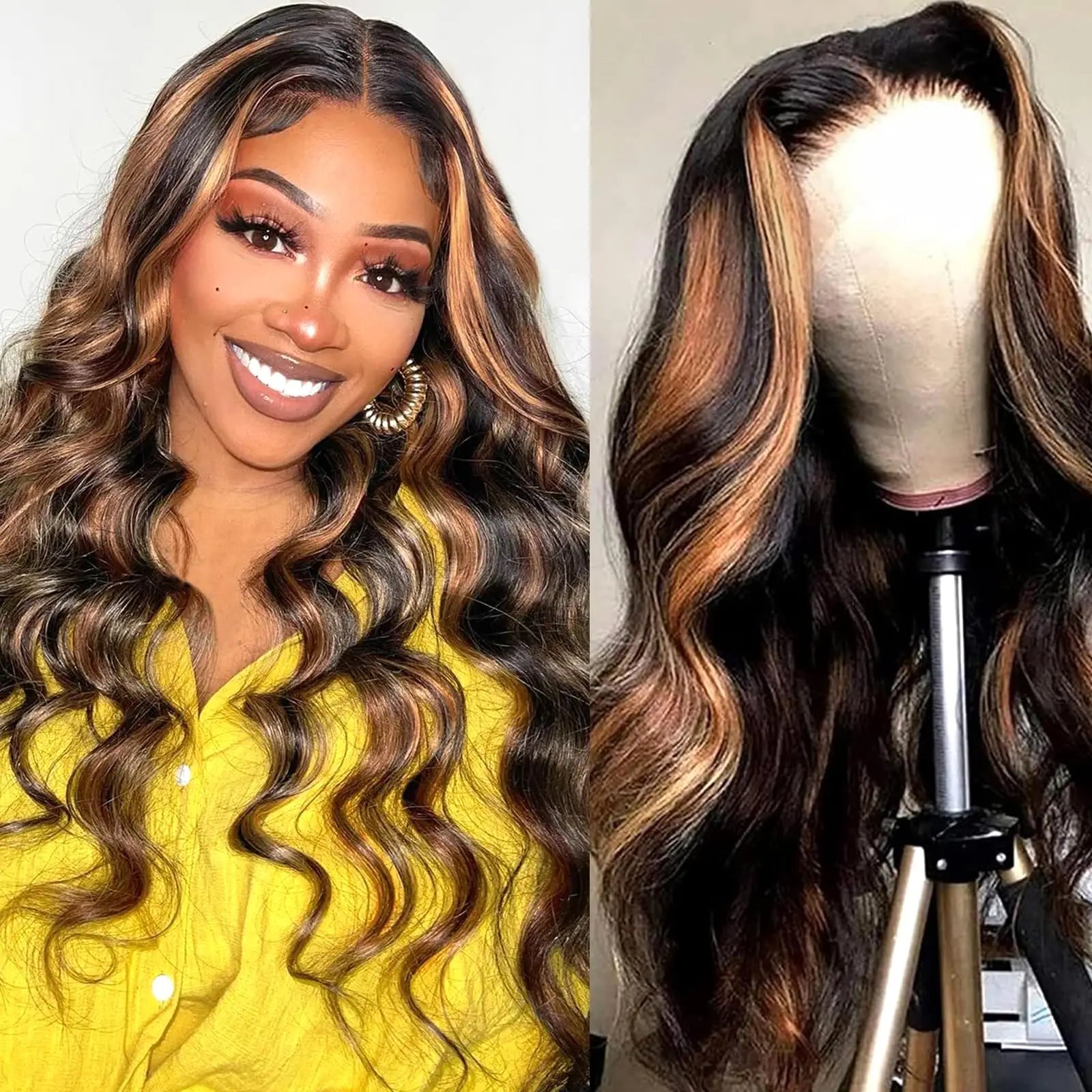 Ombre Highlight 13X6 Body Wave Lace Front Wigs Human Hair 1B/30 Brown Colored HD Transparent Lace Frontal Wigs Pre Plucked 180% Density 30 Inch Balayage Glueless Wig for Women