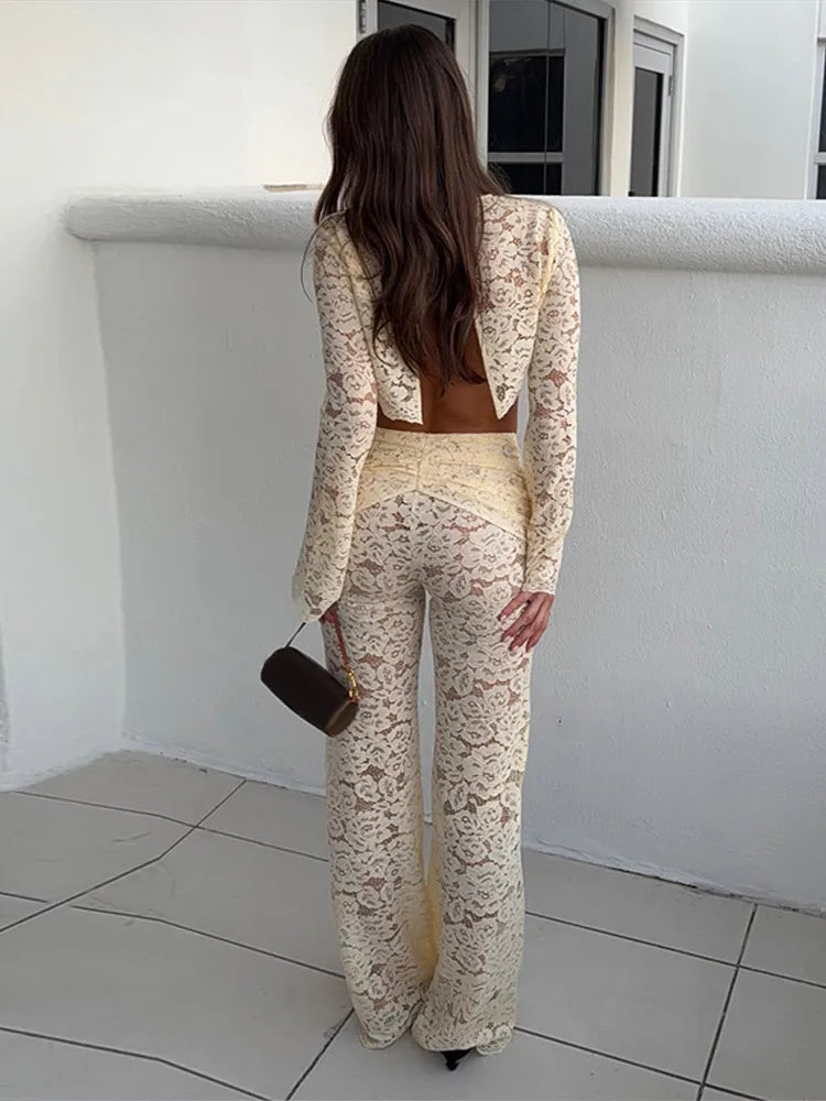 Casual Lace Crop Top Pants Suit Women Solid Patchwork Full Sleeve O-neck Shirt Long High Waist Trousers 2026 Fashion Set Lady