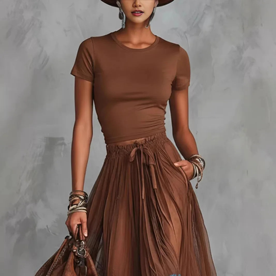 2026 New V Neck Short Sleeve Underwear Top High Waist Lace Spliced Midi Skirt Two Piece Set Women Slim Fit Temperament Outfit