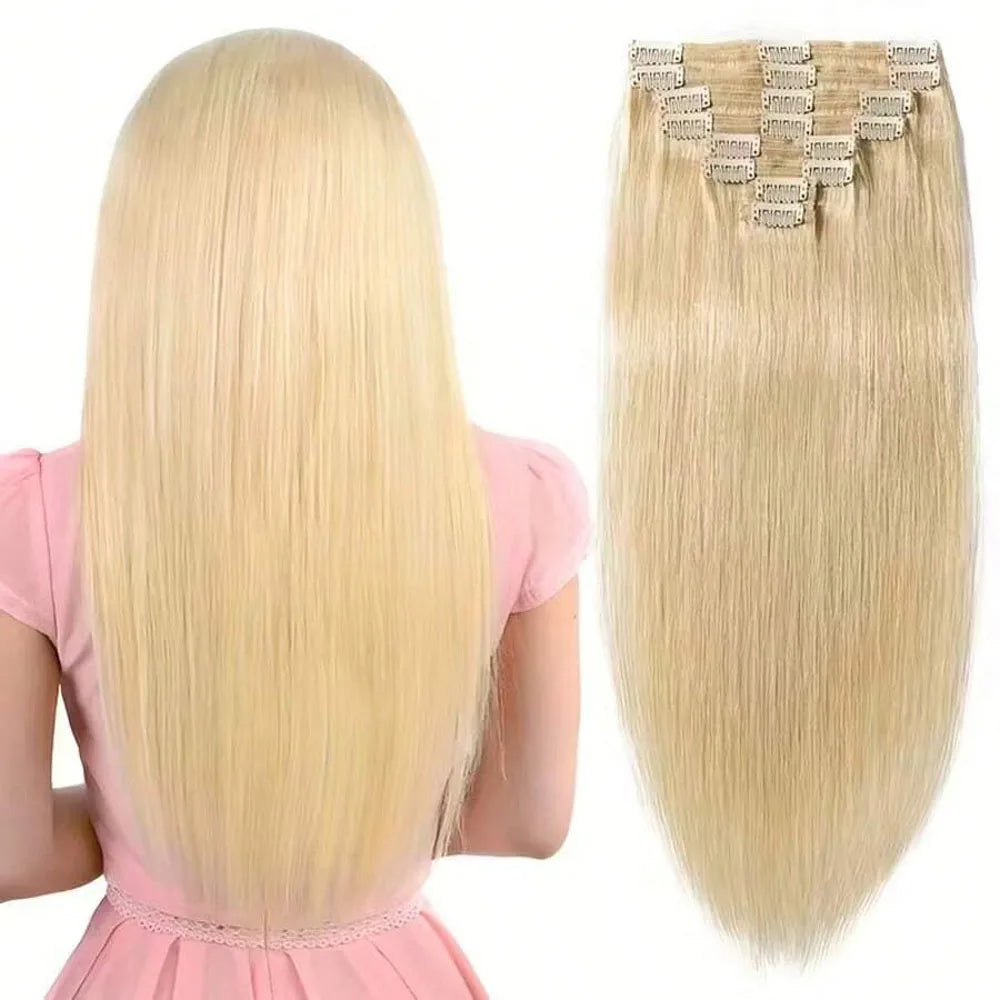 8pcs Clip In Hair Extensions Real Human Hair Clip Ins Human Hair Extension With 18 Clips Double Weft For Women Blonde Color #613