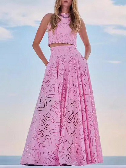 Sunset Bloom Eyelet Two-Piece Maxi Set