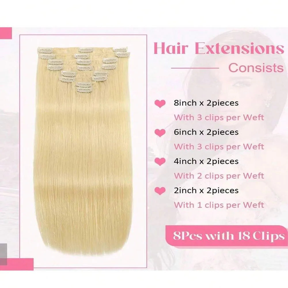 8pcs Clip In Hair Extensions Real Human Hair Clip Ins Human Hair Extension With 18 Clips Double Weft For Women Blonde Color #613