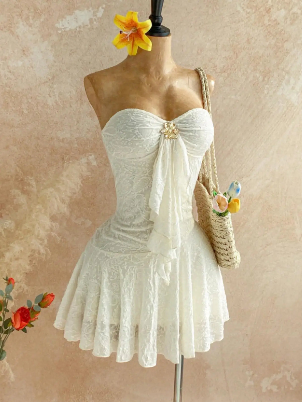Women Sweetheart Strapless Embossed Lace Mini Night Dress, Front Ruffle Floral Brooch, Slim Fit Flared Skirt, Soft Cozy Loungewear, Nightwear, Feminine, Cute, Loungewear Nightdress
