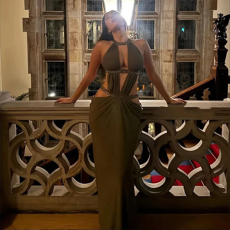 Hollow Out Halter Maxi Dress Sexy Pleated Solid Sleeveless Off Shoulder Backless Slim Women Dresses Fashion Party Gowns