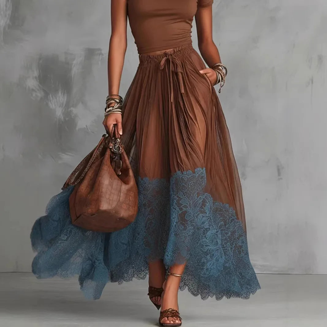 2026 New V Neck Short Sleeve Underwear Top High Waist Lace Spliced Midi Skirt Two Piece Set Women Slim Fit Temperament Outfit