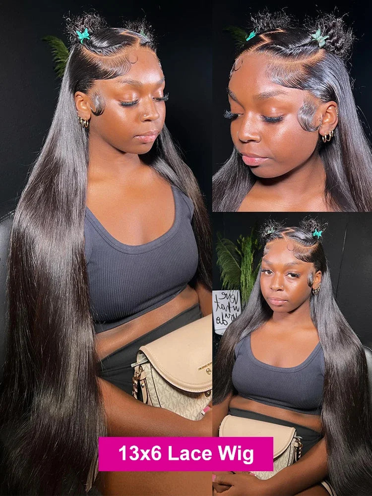 Brazilian 100% Human Hair Wigs 4x4 Glueless Put on and Go Wig 40 Inch 13x4 HD Transparent Bone Straight Lace Frontal Wigs 13x4 Pre Plucked Human Hair Wigs 250 Density for Women
