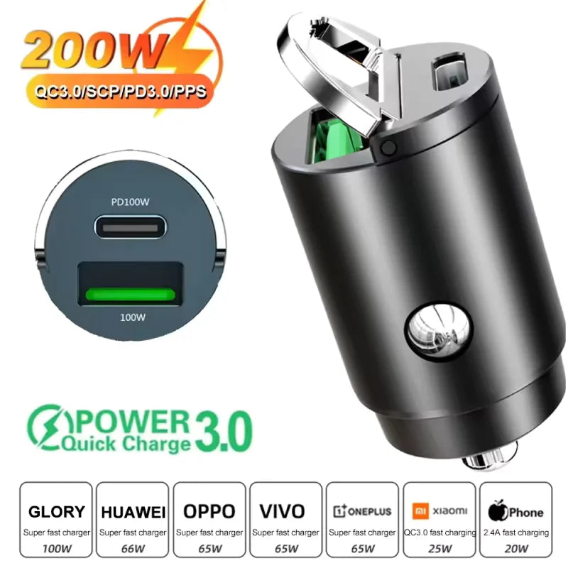 2026Car 200W Dual Port Mini USB Charger Ultra Fast Charging Cigarette Lighter Socket 12-24V Aluminum Cell Phone Charging Adapter