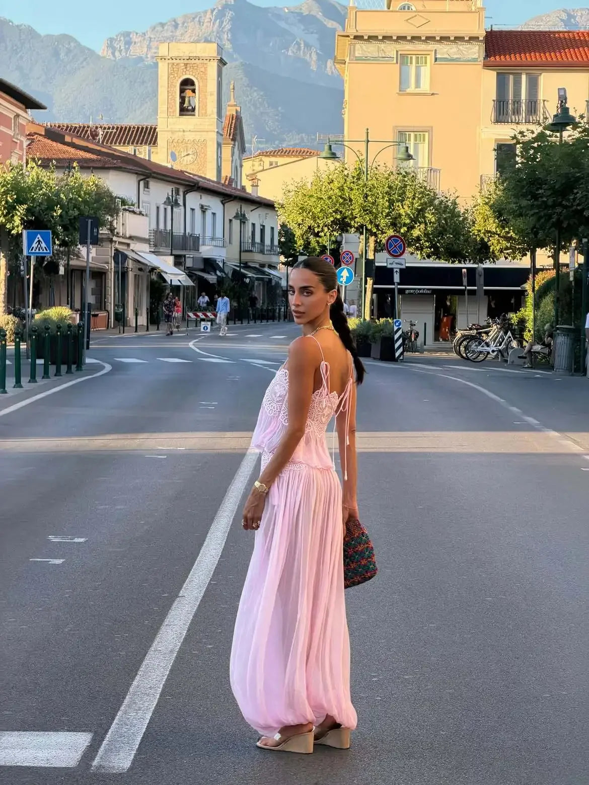 Women's Floral Lace Sheer Tiered Skirt Set 2026 Summer Spaghetti Strap Ruffle Crop Top High Waist Maxi Beach 2 Piece Dress
