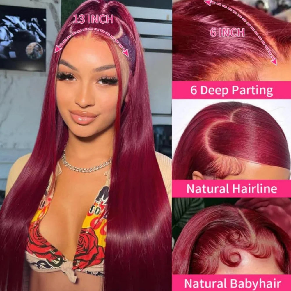 34 Inch 99J Burgundy Straight Brazilian Human Hair Wig 13x4 HD Transparent Lace Frontal Wig Pre Plucked Natural Hairline For Women
