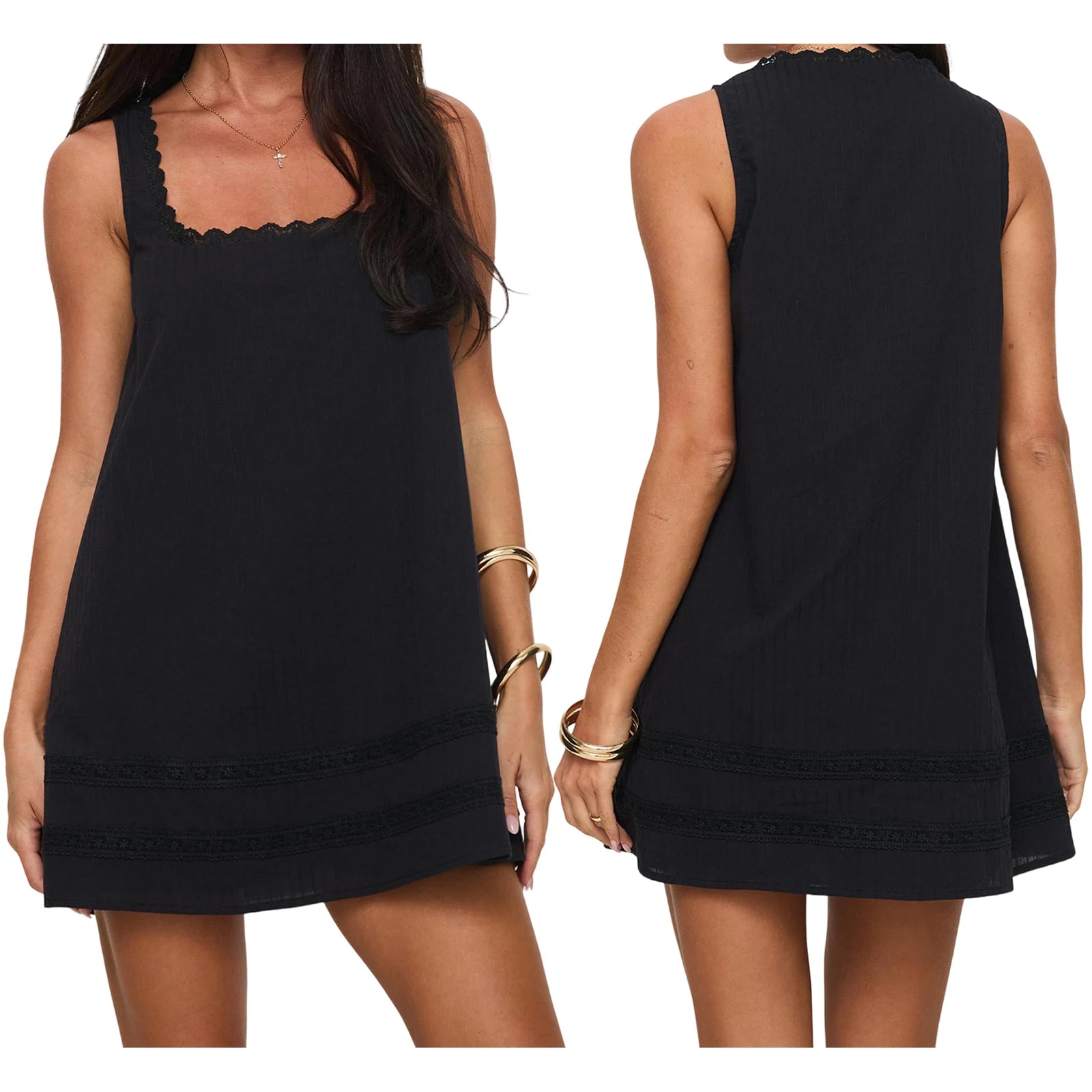 Combhasaki Casual Loose Fit Shift Dress for Women 2026 Fashion Lace Trim Patchwork Square Neck Sleeveless Cute Mini Tank Dress