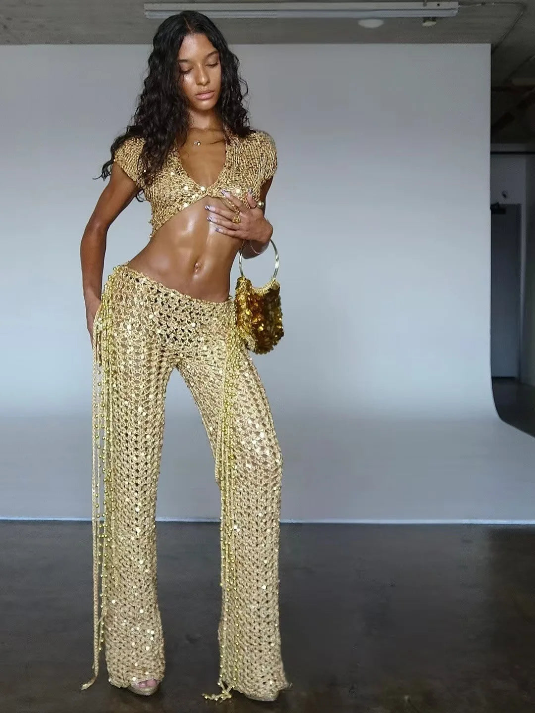 FAGADOER Sexy Hollow-out Sequin 2 Pieces Set for Woman Solid Deep V-neck Crop Top and Tassel Pants Female Streetwear Clothing