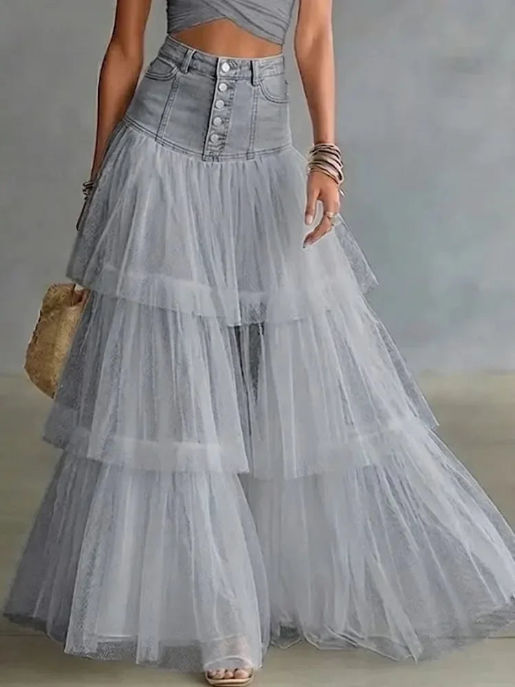 2026 Summer Women's Mesh Tiered Elegant High Waist Tulle Cake Skirt Large Swing Midi Skirt Casual Fairy Long Skirt New