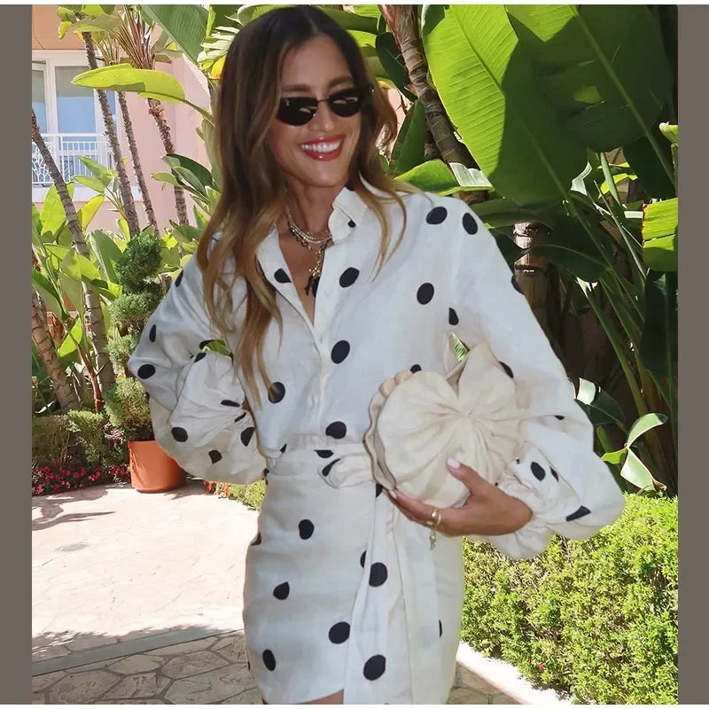 Casual White Polka Dot Print High Waist Mini Skirt Set Women Long Puff Sleeve Lapel Single Breast Lace-up Tops Set New Lady Wear