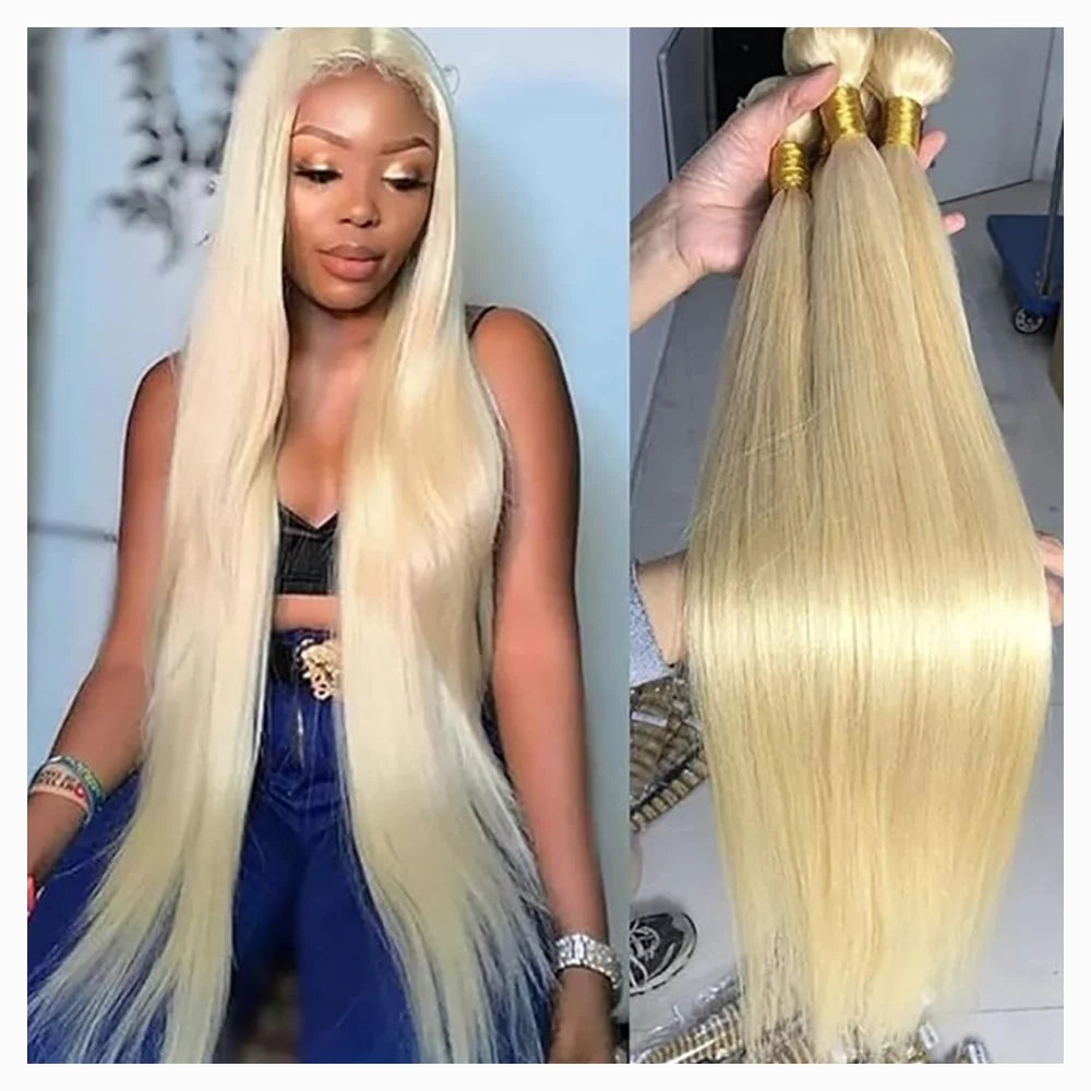 1/3/4 Brazilian Hair Bundles Bone 613 Honey Blonde Straight Weave Remy Human Hair Double Weft 30 36 40 Inch Bundle Weaving