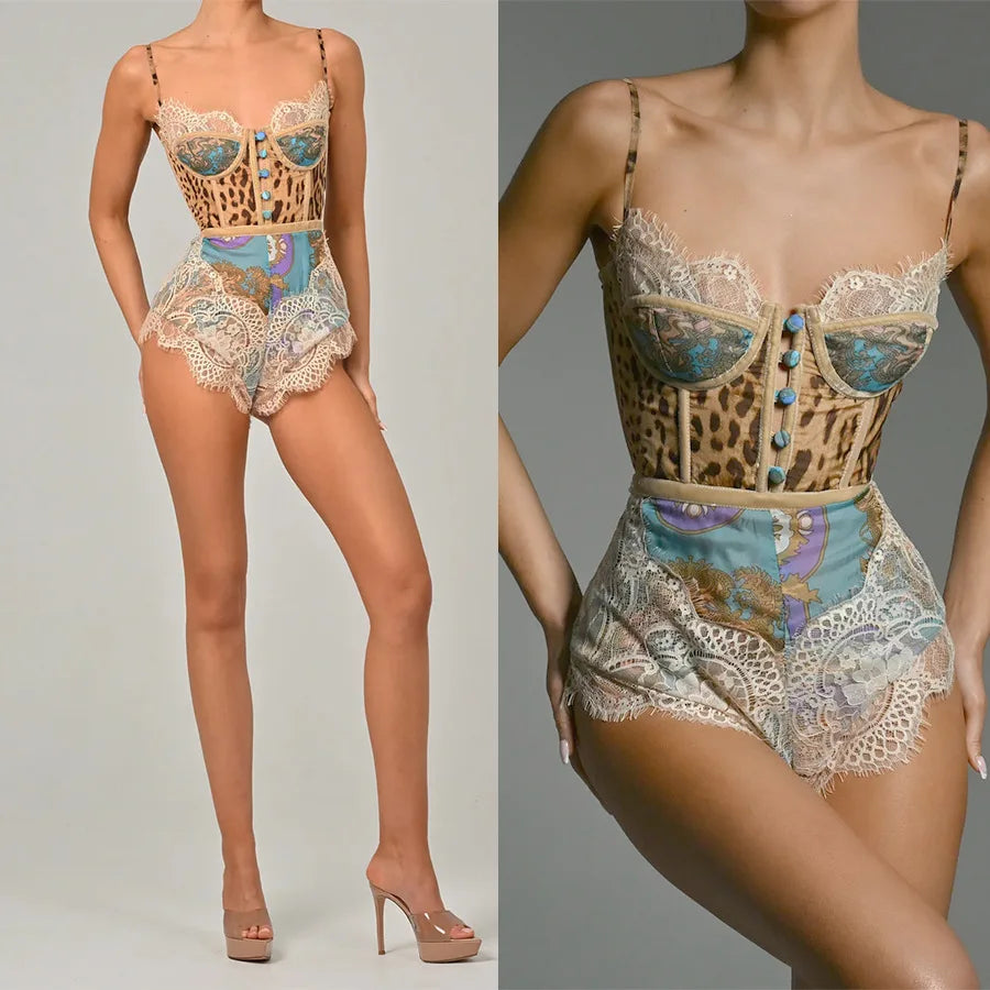 Boho Beach Vacation Women's Romper New 2026 Fashion Sexy Slim Print Jumpsuit Spring Summer Suspender Lace Jumpsuit For Women
