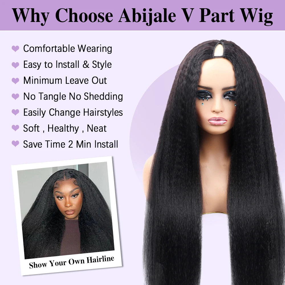 220% Density Kinky Straight V Part Wig Human Hair 16-32 Inch Wig For Women With Drawstring No Leave Out No Sew In Wig