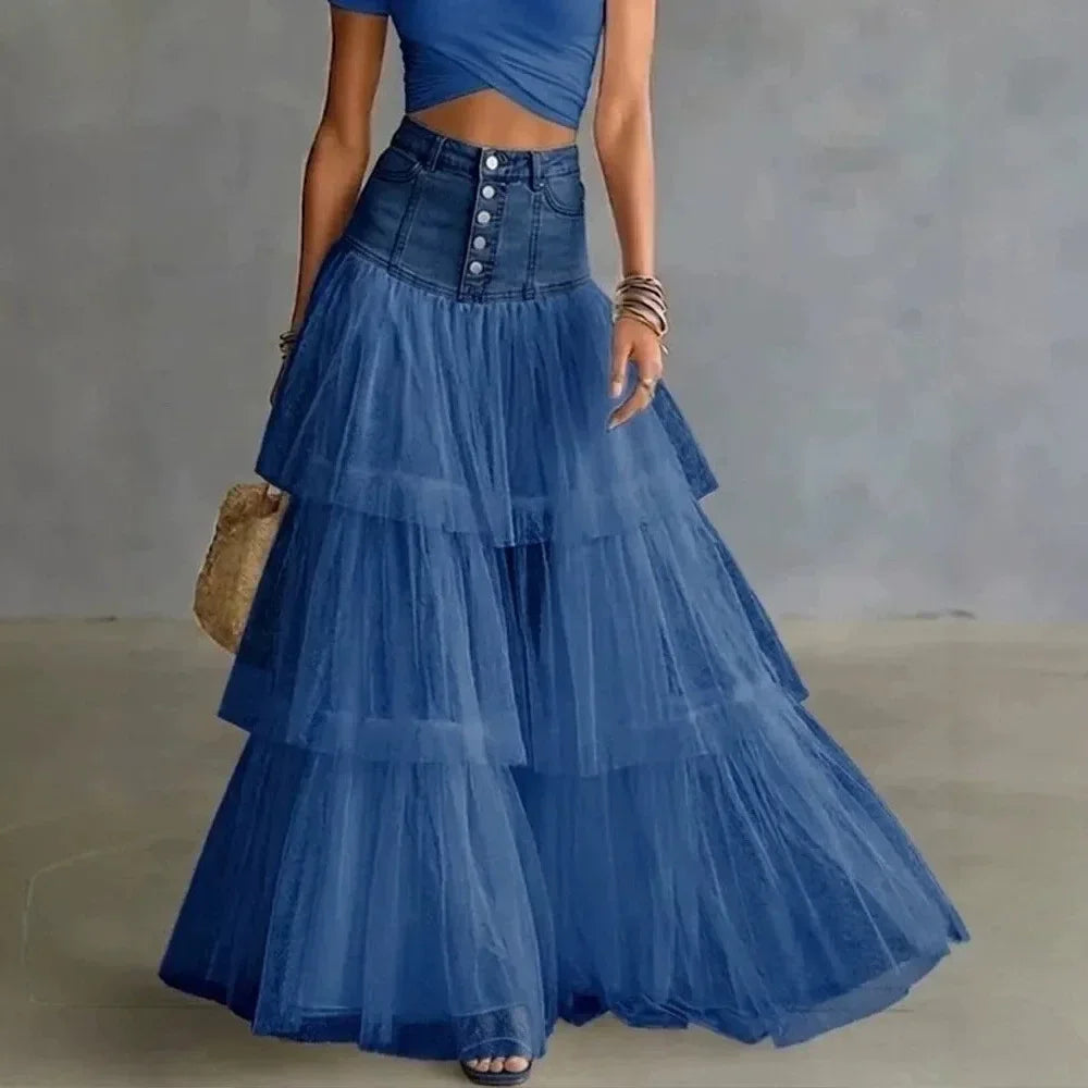 2026 Summer Women's Mesh Tiered Elegant High Waist Tulle Cake Skirt Large Swing Midi Skirt Casual Fairy Long Skirt New