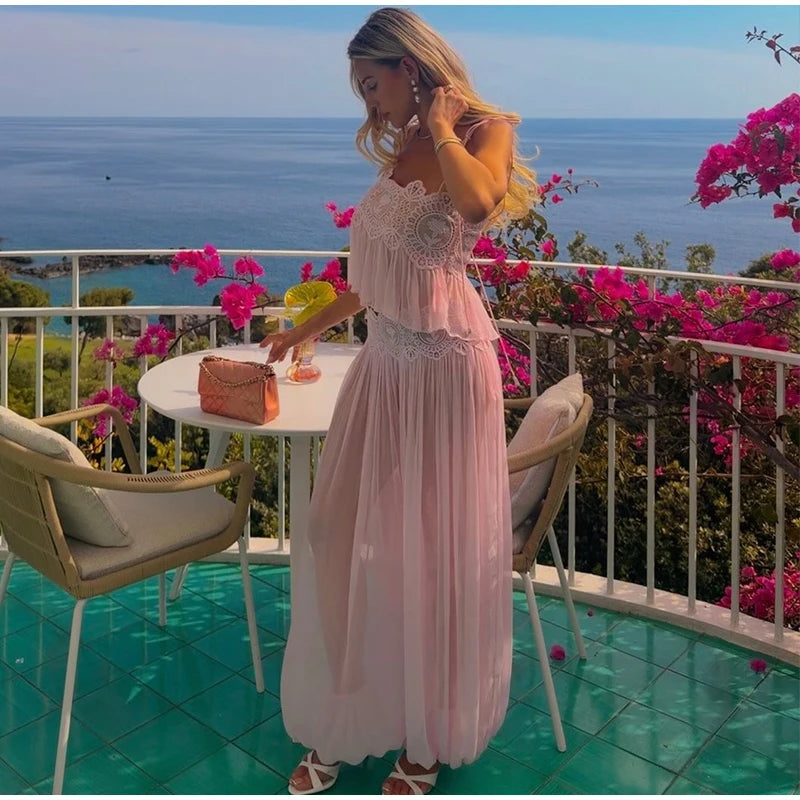 Beach Floral Lace Hollow Out Women's Pants Sets Ruffles Spaghetti Strap Crop Tops Loose Pleated Lantern Pant 2026 Summer Suits