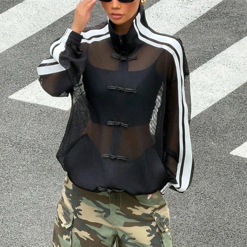 Summer Women's Y2K Streetwear Vintage Chinese Style Sheer Mesh Stand Collar Long Sleeve Loose Side Stripe Frog Button Jacket