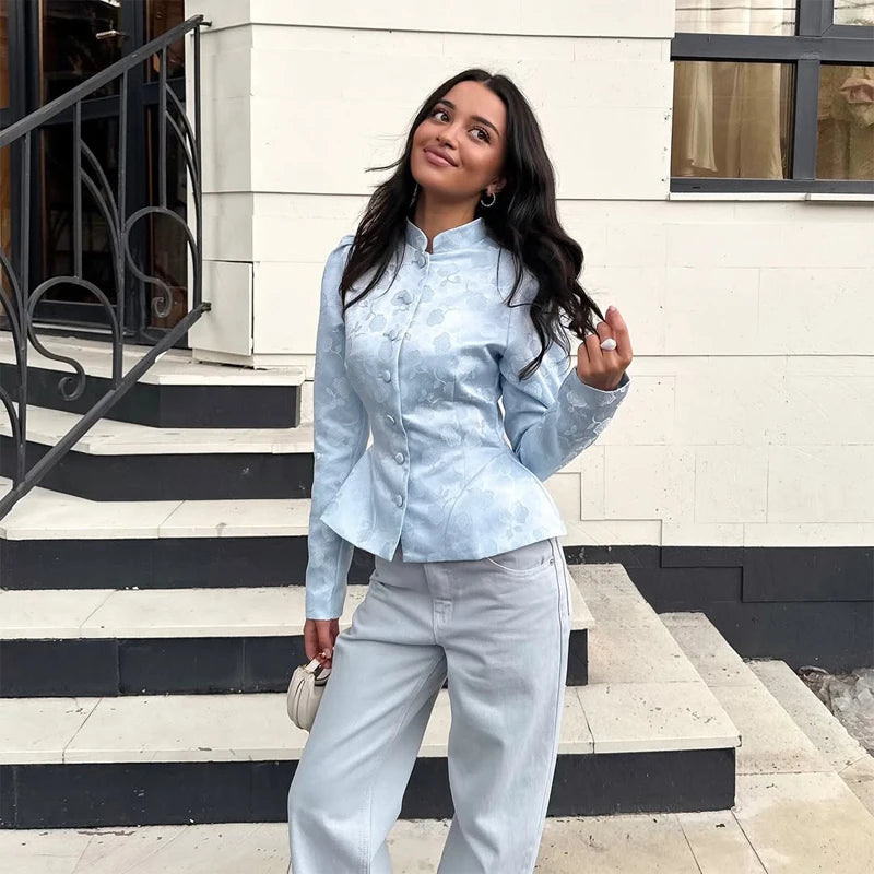 Solid Color Jacquard Glossy Satin Tops Women Chic Stand Collar Single Breasted Slim Fit Short Coats 2026 Lady Daily Outwear New