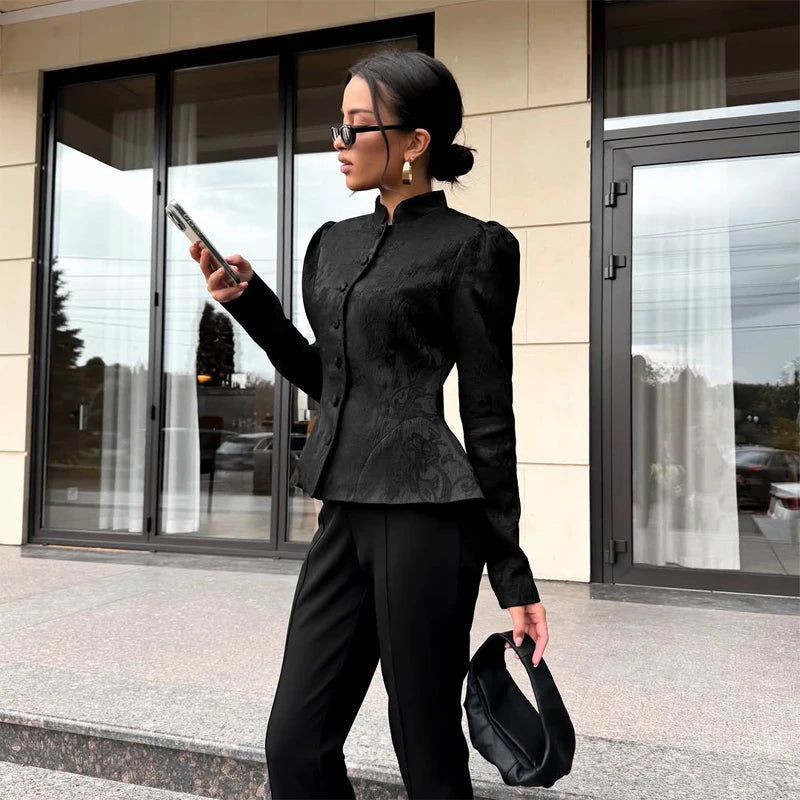 Solid Color Jacquard Glossy Satin Tops Women Chic Stand Collar Single Breasted Slim Fit Short Coats 2026 Lady Daily Outwear New