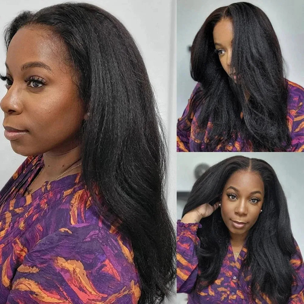 40 42 Inch Kinky Straight Lace Front Wig Pre Plucked Yaki Straigh HD 13X4 Lace Frontal Wig 4C Edges Curly Human Hair Wigs