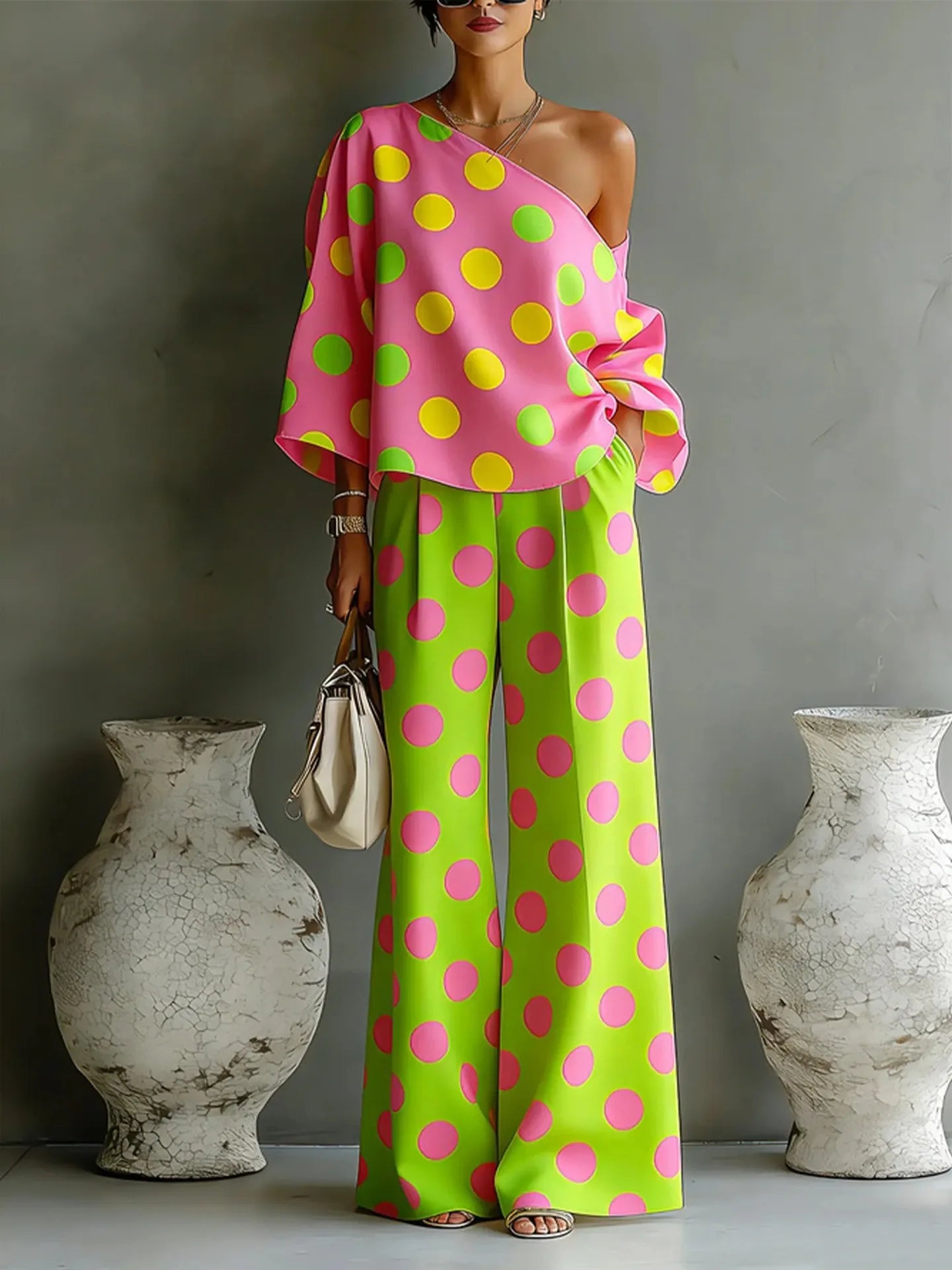 Summer New Color Wave Point Set Women Slant Shoulder Open Back Top+High Waist Wide Leg Pants Vacation Style Loose 2 Piece Suit