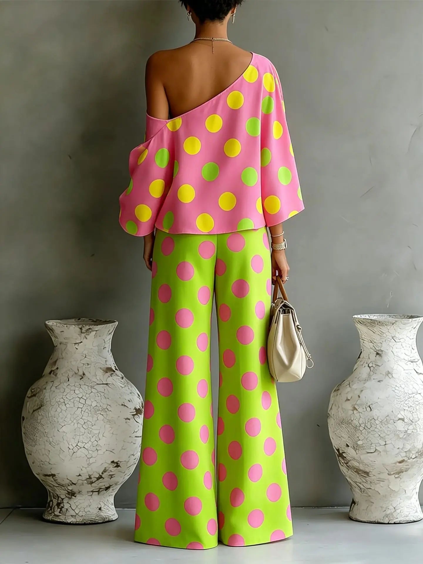 Summer New Color Wave Point Set Women Slant Shoulder Open Back Top+High Waist Wide Leg Pants Vacation Style Loose 2 Piece Suit