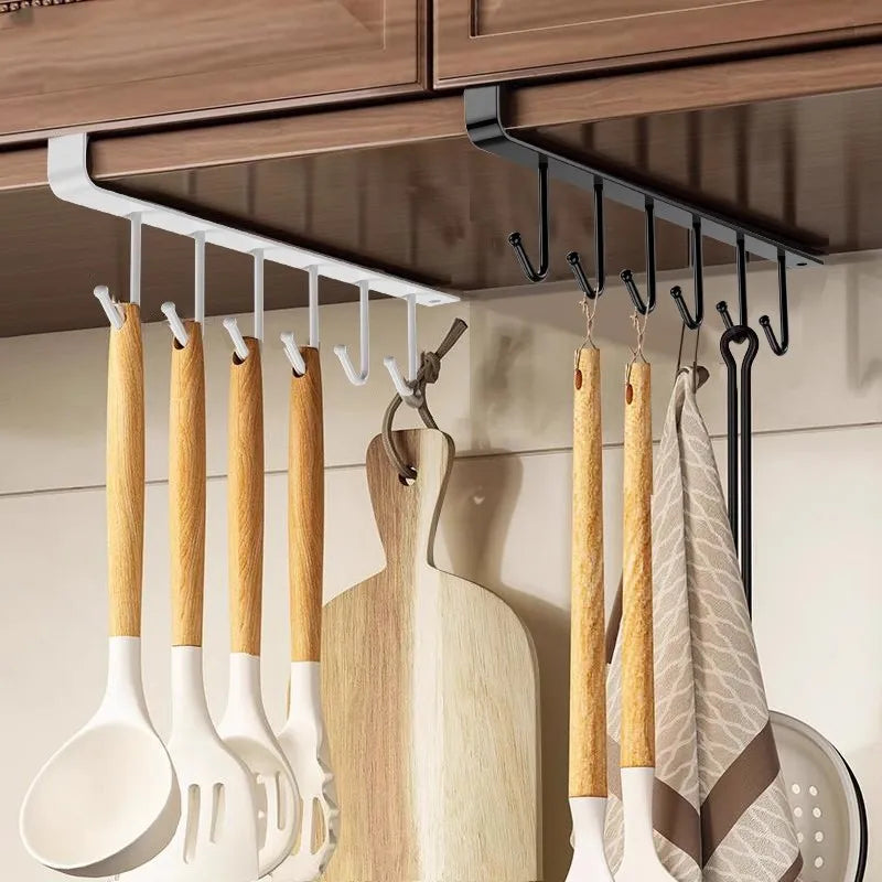 Household Kitchen Cabinet Bottom Shelf Hanging Hook, Non Perforated Cloth Rack, 6-Hook Organizing Rack, Spatula Hanging Rack