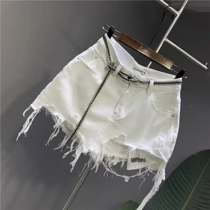 New Korean White Raw Irregular Denim Skirt Women's Anti-Walk Naked Hole Pocket Exposed Short Skirt
