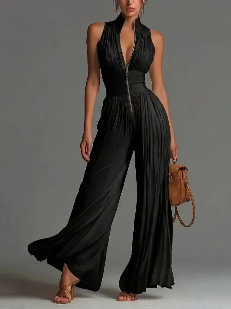 Women's White Pleated Halter Sleeveless Jumpsuit Front Zip High Waist Wide Leg Floor Length Elegant Party Long Romper For Ladies