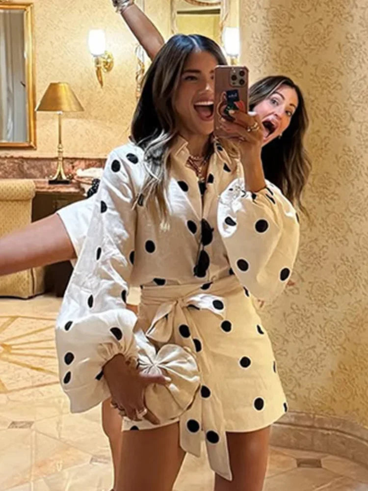 Casual White Polka Dot Print High Waist Mini Skirt Set Women Long Puff Sleeve Lapel Single Breast Lace-up Tops Set New Lady Wear