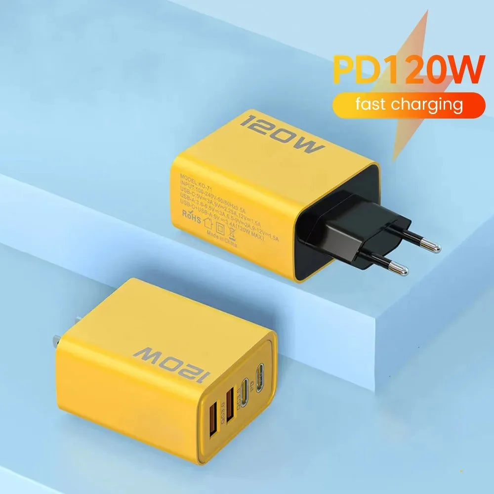 4 Port USB Charger Total 120W Fast Charging EU/US/UK Plug Wall Charger Mobile Phone Power Adapter For Phone Charge Type C Cable