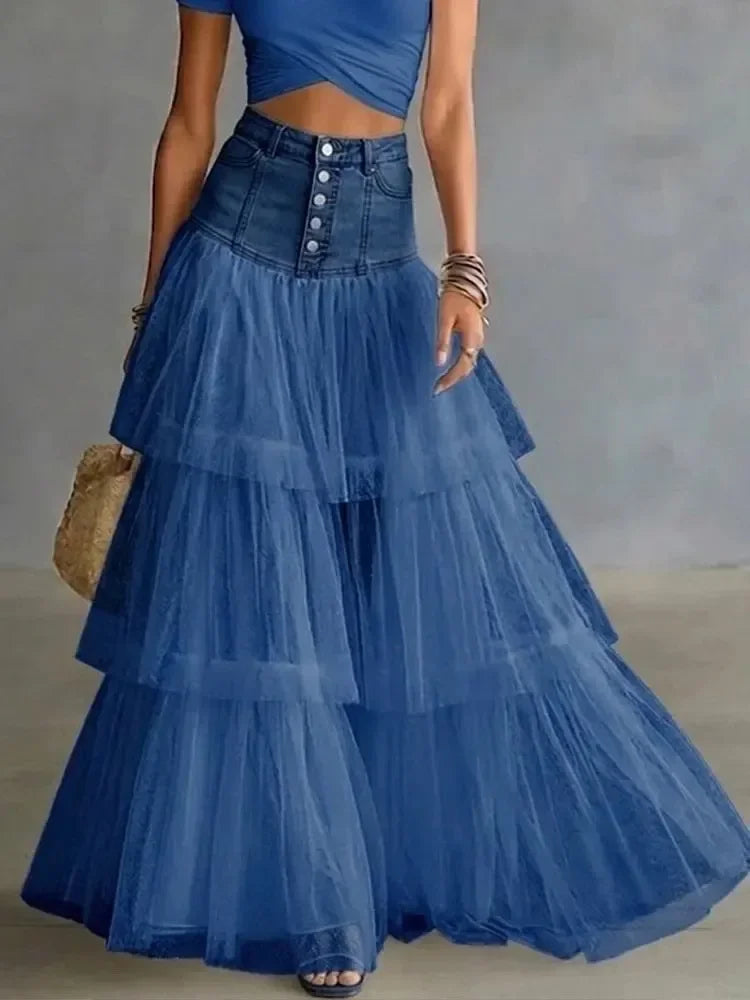 2026 Summer Women's Mesh Tiered Elegant High Waist Tulle Cake Skirt Large Swing Midi Skirt Casual Fairy Long Skirt New