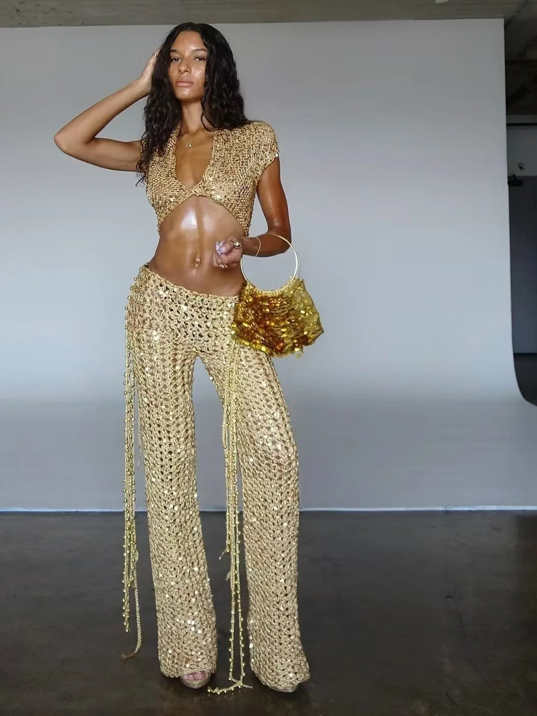 FAGADOER Sexy Hollow-out Sequin 2 Pieces Set for Woman Solid Deep V-neck Crop Top and Tassel Pants Female Streetwear Clothing