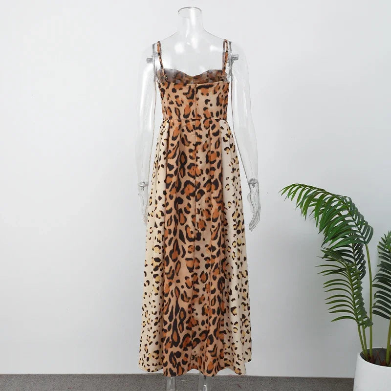 Leopard Print Sleeveless Sling Dress For Women Fashion Chic Backless A Line Dresses 2025 Elegant Female High Street Vestidos