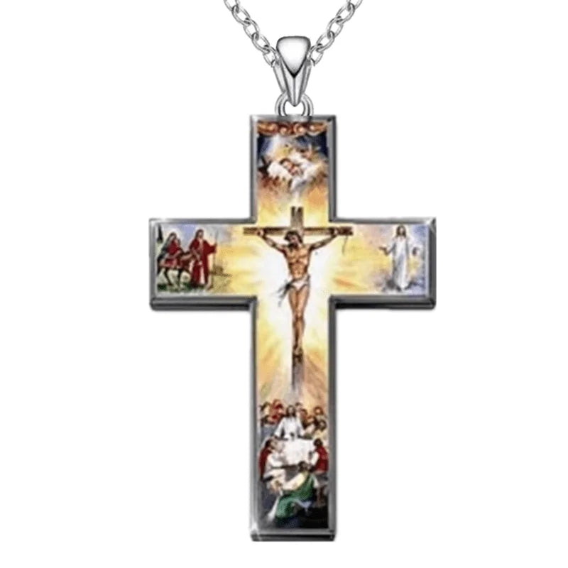 Vintage Women Cross Pendant Religious Belief Jesus Cross Painted Sticker Pendant Charm Necklaces for Women Cross Jewelry Gift