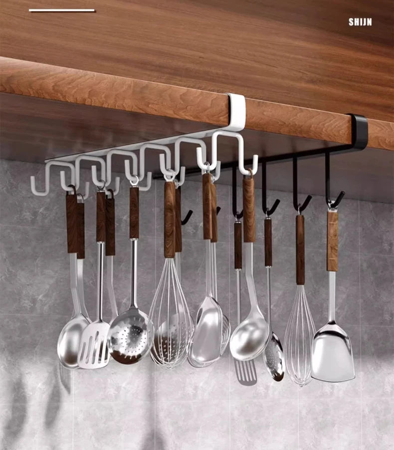 Household Kitchen Cabinet Bottom Shelf Hanging Hook, Non Perforated Cloth Rack, 6-Hook Organizing Rack, Spatula Hanging Rack