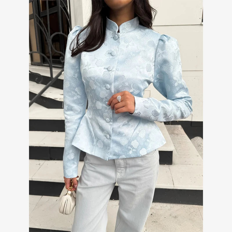 Solid Color Jacquard Glossy Satin Tops Women Chic Stand Collar Single Breasted Slim Fit Short Coats 2026 Lady Daily Outwear New