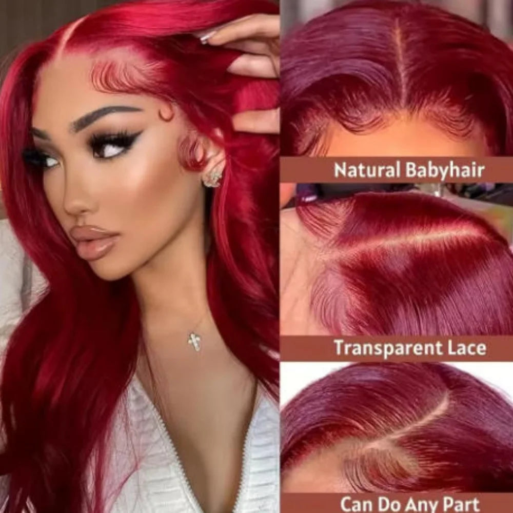 34 Inch 99J Burgundy Straight Brazilian Human Hair Wig 13x4 HD Transparent Lace Frontal Wig Pre Plucked Natural Hairline For Women