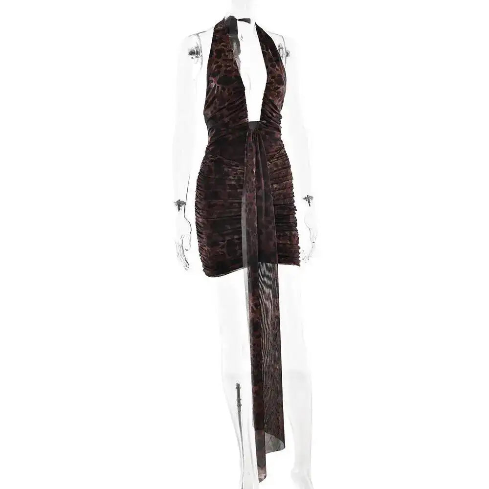 Avrilyaan Leopard Print Halter Pleated Ribbon Dress Women Mini 2025 Summer Dress Deep V Backless Sexy Party Dresses Vestidos