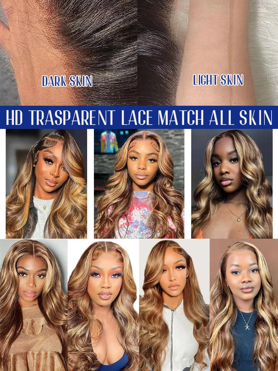 P4/27 Highlight Body Wave 40 Inch Long-length & 200% High Density Human Hair Wigs HD Transparent Skin-melt Swiss Lace Frontal Wig