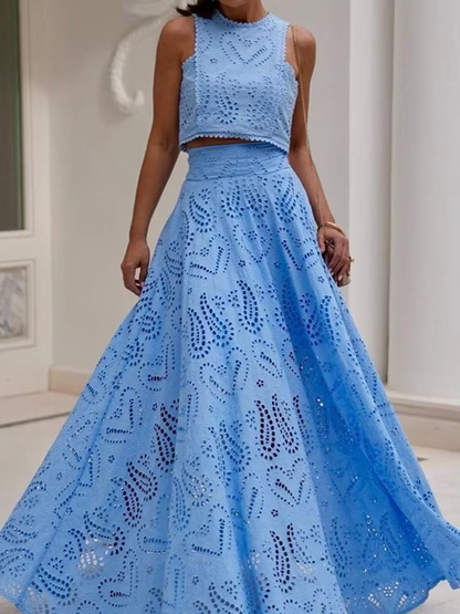 Sunset Bloom Eyelet Two-Piece Maxi Set