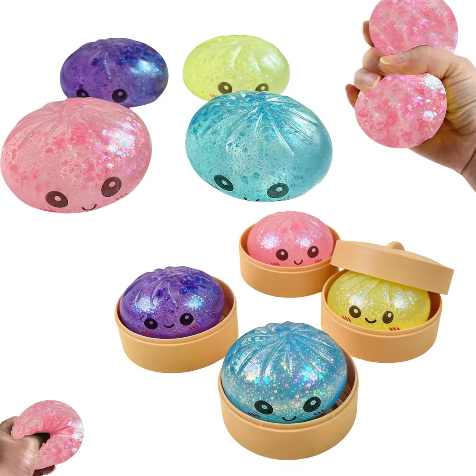 Steamed Bun Squeeze Toy Simulation Bao Stress Relief Fidget Toy with Beads Sparkles Soft Squishy Sensory Decompression Accessory